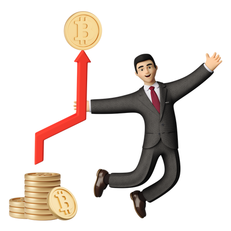 businessman jumping next to stack of crypto coins and growth arrow